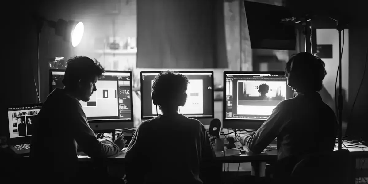 Three editors silhouetted at monitors in a darkened post-production suite