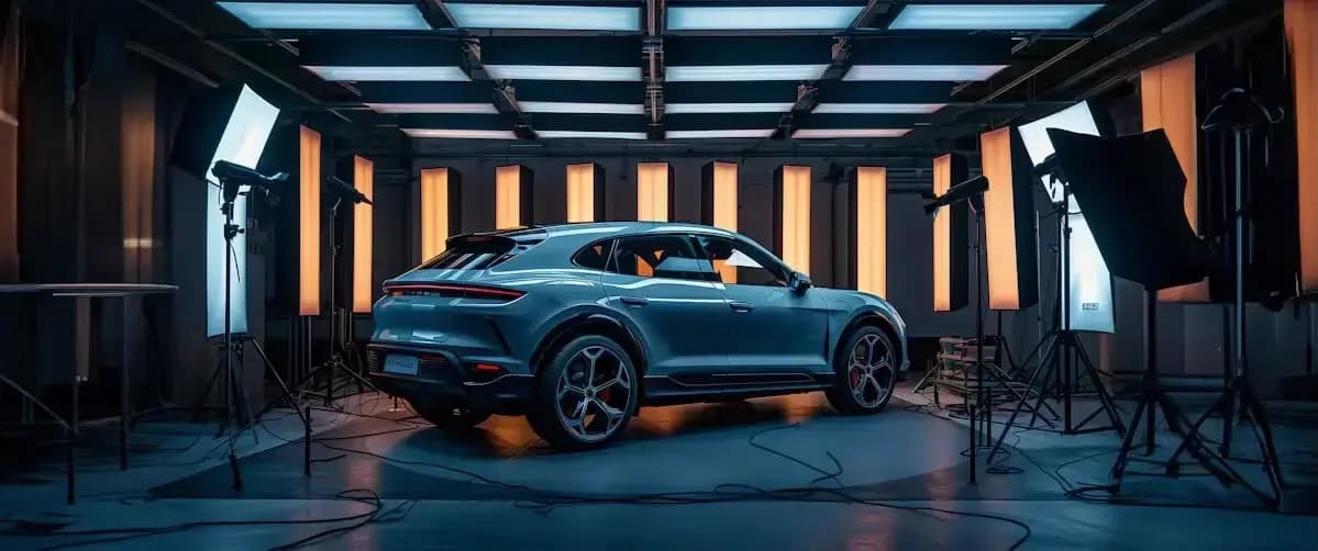 A silver-blue performance SUV lit in a photographic studio, ringed by softboxes and warm strip lighting